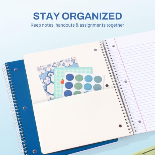 SUNEE Spiral Notebook, 1-Subject, College Ruled Paper, 8" x 10-1/2", 100 Sheets per Notebook, 3-Hole Punched Paper, Water Resistant Cover, Double-sided Pockets, Dark Blue - color: Dark Blue