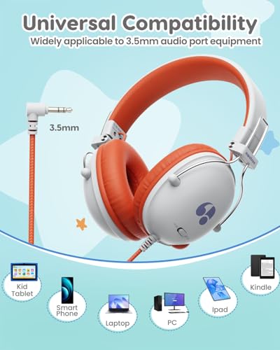 awatrue Kids Headphones, 74/85dB Safe Volume Limit, Stereo Sound, Wired On-Ear Headphones for Kids Boys Girls, 3.5mm Jack for Tablet, iPad, Kindle, YOTO Player, Airplane Travel, White - color: White-Orange