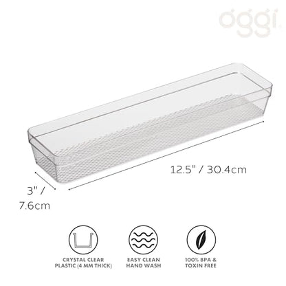 Oggi Clear Drawer Organizer - 3" X 12.5" - Ideal for Organizing Kitchen Drawers, Office, Desk, Silverware, Kitchen Utensils, Cosmetics and Bathrooms - size: 3" by 12"