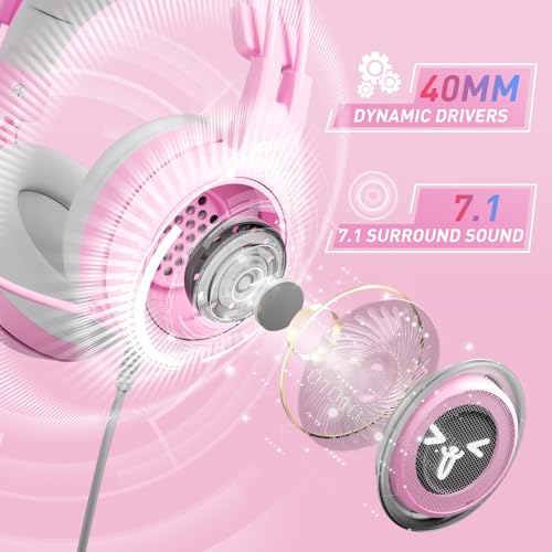 SOMIC G951pink Gaming Headset for PC, PS4, PS5, Laptop, Cat Ear Headphone USB Gaming Headphones with Mic Noise Cancelling, LED Light, 7.1 Virtual Surround Sound for Girls, Women - color: Pink