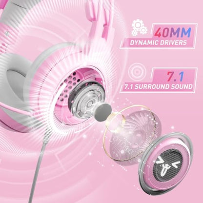 SOMIC G951pink Gaming Headset for PC, PS4, PS5, Laptop, Cat Ear Headphone USB Gaming Headphones with Mic Noise Cancelling, LED Light, 7.1 Virtual Surround Sound for Girls, Women - color: Pink