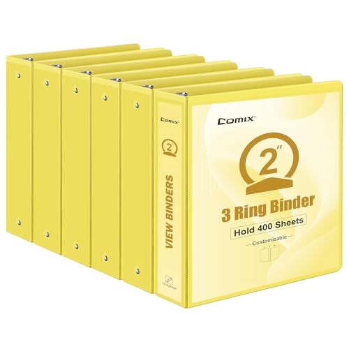 COMIX Standard 3 Ring Binder 2 inch with Clear View Cover, 2" Round Ring View Binder Holds 400 Sheets of US Letter Size Paper, 6 Pack (Lemon Yellow) - color: Lemon Yellow, size: 2 inch