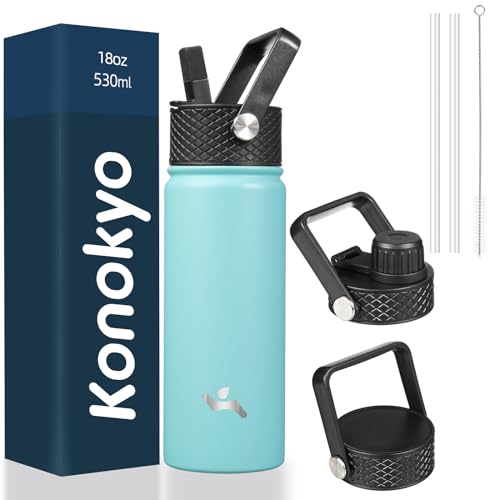 Konokyo 18 oz Insulated Stainless Steel Water Bottle with Straw Lid - color: Turquoise, size: 18 Ounces