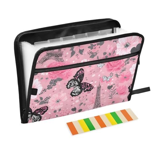 Expanding File Folder Butterfly Rose Eiffeltier Tower Paris France Accordion File Organizer 13 Pockets Document Organizer with Zipper Labels A4 Letter Office Storage - color: Multi12