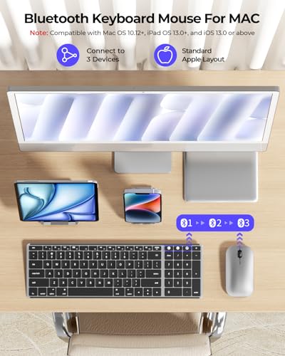 seenda SKM64-2 Bluetooth Keyboard and Mouse Combo for Mac, MacBook and iPad | 3-device Bluetooth switching, rechargeable, quiet keys/clicks, compact slim design for office and home use, Black & Silver - color: Black & Silver