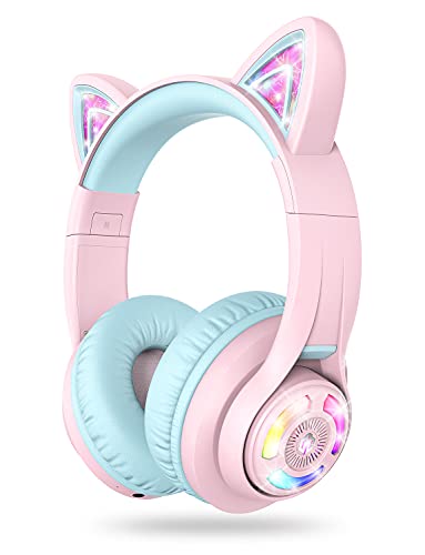 iClever BTH13 여아용 아동용 블루투스 헤드폰, LED 고양이 귀 여행 선물 | SafeSound Tech, 50시간 재생, USB C 충전, AUX 케이블, 스테레오 사운드, 태블릿용 마이크가 있는 아동용 헤드폰 무선, 핑크 - color: 핑크