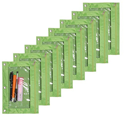 Zippered Pen Pencil Binder Pouch | 3 Rings with Clear Window for School Classroom Organizers 8 Pcs (Green) - color: Green