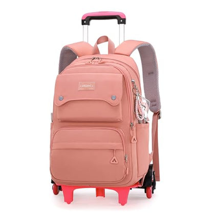 Solid Color Girls Rolling Backpack with Wheels Schoolbag Elementary School Student Trolley Daypack - color: A-pink - Six Wheels, size: 6 Wheels