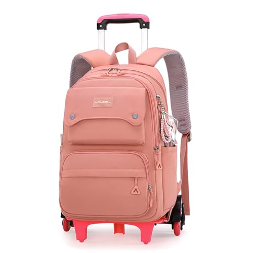 Solid Color Girls Rolling Backpack with Wheels Schoolbag Elementary School Student Trolley Daypack - color: A-pink - Six Wheels, size: 6 Wheels
