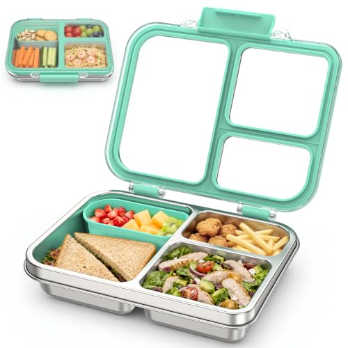Stainless Steel Bento Box for Kids, 3-Compartment Metal Lunch Box with Clear Lid & Removable Silicone, Lunch Box Kids with Silicone Inner Container for Meal Prep, School, Office (Blue) - color: Blue