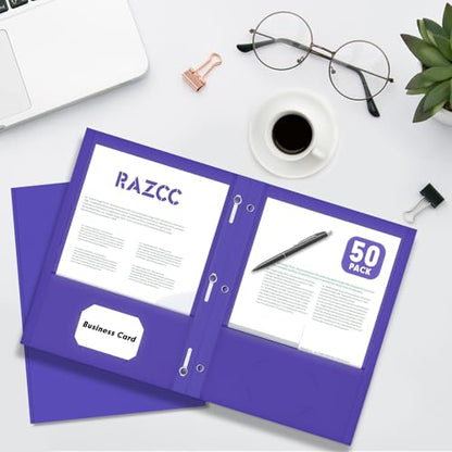 Two Pocket Folders, RAZCC 50 Pack Two Pocket Folders with Prongs, 3 Prong Folders Fit Letter Size Paper, Pocket File Folders for School Office Home Business, Purple - color: Purple