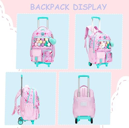 Pink Rolling Backpacks with Wheels for Girls Aesthetic Rolling Backpack for Elementary with Lunch Box School Trolley Backpack for Girls School Supplies - color: Pinklove
