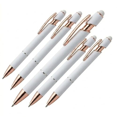 Ultima Rose Gold Accent Stylus Pen (5 Pack) – Soft‑Touch Metal Pen with Rose‑Gold Trim, Gel‑Glide™ Ink & Touchscreen Stylus – 5 Custom Laser‑Engraved Executive Pens - color: White