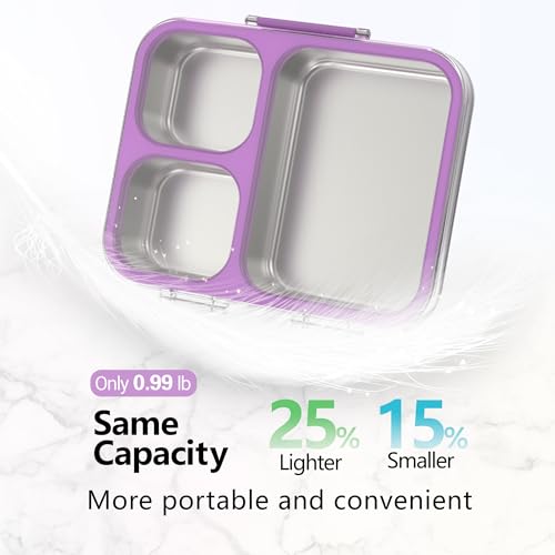 HOMEKOL Stainless Steel Bento Lunch Box 3-Compartment, 4.2Cups, Purple | Leak-Proof Metal Lunch Container for Kids & Adults, BPA-Free, Dishwasher Safe, Clear Tritan Lid, 1000ml (Not Insulated) - color: Purple, size: 34oz (1000ml)