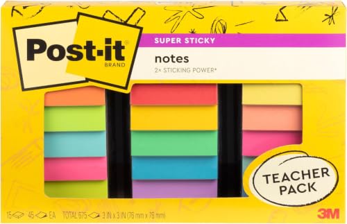 Post-it Super Sticky Notes Assorted Colors 3 x 3 inch | Teacher Pack | Super Sticky | Recyclable | 45 Sheets per Pad, 15 Pads, Pack of 6 - size: 11.9" x 7.9" (Pack of 6)