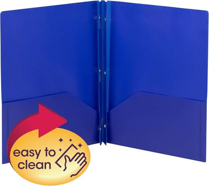 Smead Poly Two-Pocket Folder, Three-Hole Punch Prong Fasteners, Letter Size, Blue, 6 per Pack