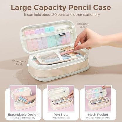 Nicpro School Supplies Stationary Set with Pencil Case, 39 PCS Cream | Back to Schoo Supplies, Pen Case with 12 Highlighter, 5 Gel Pen, 6 Mechanical Pencil, Essentials for College, Nursing Student - color: Cream, size: 39 PCS
