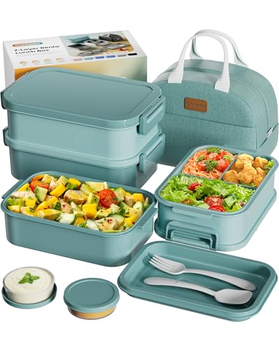 Adults Bento Box with Insulated Lunch Bag, 74oz Capacity 3 Stackable Leak-Proof Bento Box Built-In Utensil and Sauce, PFAS & BPA-Free, Microwave & Dishwasher Safe (Mint Green) - color: Mint Green