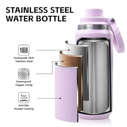 GREYLOCK 32 oz Insulated Water Bottle with Straw Lid, Leakproof Reusable Stainless Steel Vacuum Flask, 24hr Cold & Hot, Carry Handle & Silicone Spout, BPA-Free for Gym, Hiking, Travel, Purple - color: Lilac, size: 32 Ounces
