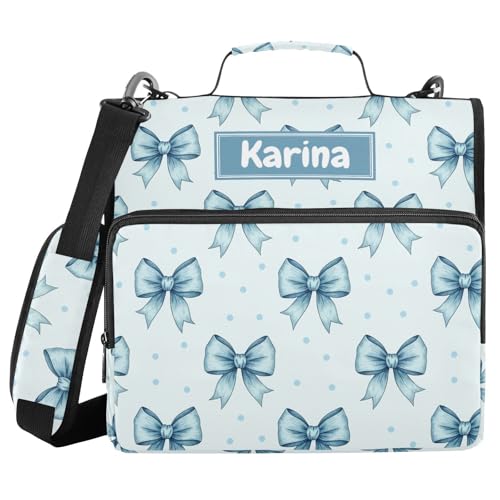 Custom Bow Light Blue Print 3 Ring Zipper Binder with Shoulder Strap & Handle 1.5 Inch D-Ring Zippered Bag with Multiple Pocket, Personalized Binder Organizer for School or Office - color: Bow Light Blue