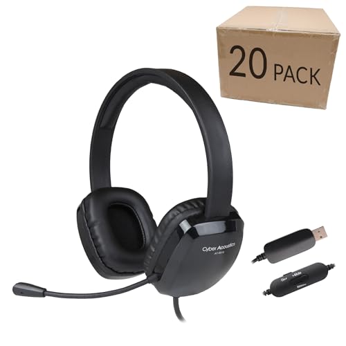 Cyber Acoustics Stereo USB Headset (AC-6012-20), Unidirectional Microphone with Flexible Boom for PC & Mac; in-line Audio Controls; Perfect for Classroom or Home - 20 Pack - size: 20-USBA