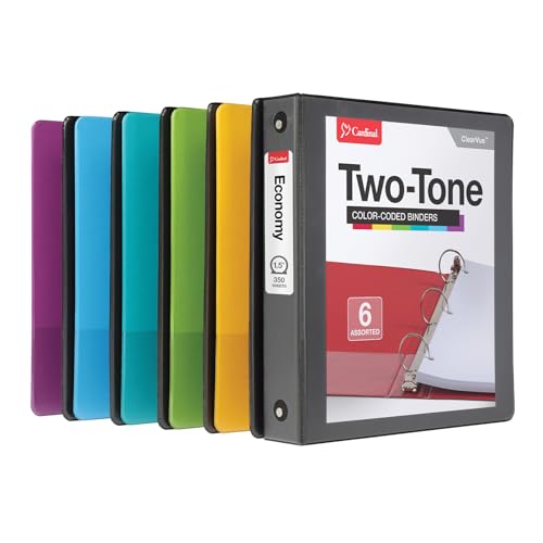 Cardinal Two Tone 3 Ring Binders, Binders for School and Office, Black/Rainbow, Durable 1.5 inch Round Rings, Holds 350 Sheets, Presentation Cover, Clear Pockets, Non-Stick, 6 Pack (1000834)