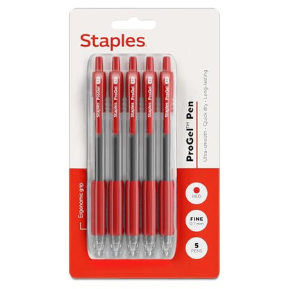 STAPLES ProGel™ Retractable Gel Pen, Fine Point, 0.7mm, Red Ink, 5/Pack - color: Red, size: 5 Pack, style: Fine Point