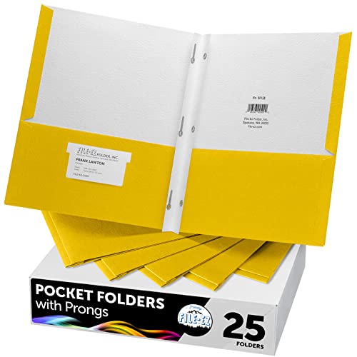 FILE-EZ Two-Pocket Folders with 3-Prong Fasteners, Yellow Color, 25-Pack, Durable Textured Paper, Matte Finish, Letter Sheet Size (EZ-92570) - color: Yellow