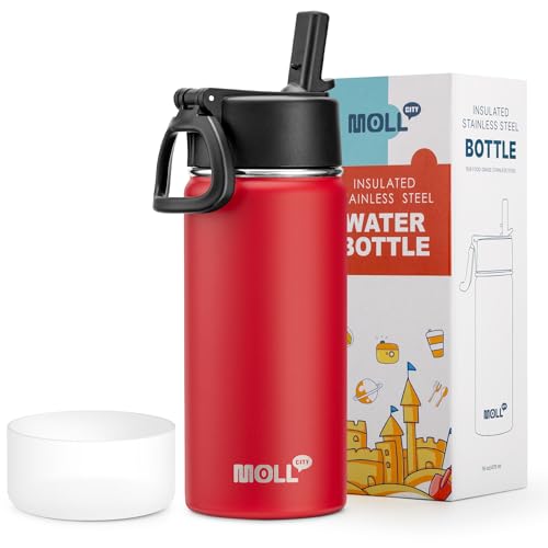 16 oz Water Bottle for Kids-Stainless Steel Double Wall Vacuum Insulated Sports Water Bottles for School, Metal Leak-Proof Water Flask with Straw for Travel (Canyon Red) - color: Canyon Red, size: 16 Ounces