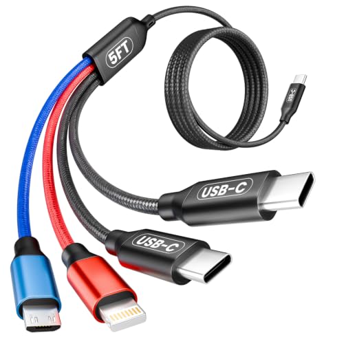 4-IN-1 USBC Multi Charging Cable, 5FT Phone Charger Cord Travel Essentials | Universal Charger with 2xType-C/L/Micro USB Ports, Braided Travel Charger for iPhone17-8, Android, More, USB C Carplay Cable - color: Blue+Red+Black, size: 1Pack 5FT