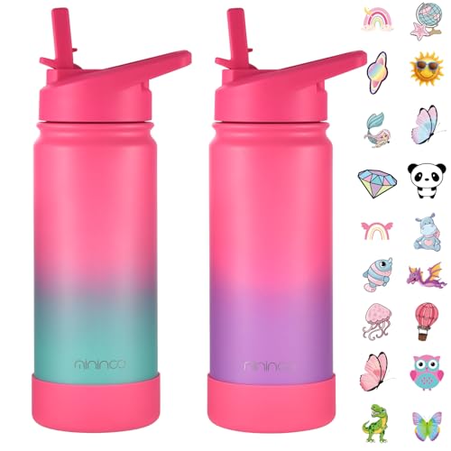 Mininoo Girls Water Bottle for School, 16oz Stainless Steel Insulated Metal Water Bottle with Straw Lid for Boys (2 Pack) - color: 2 Pack-Punch/Punch, size: 16 Ounces