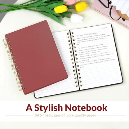 SUNEE Lined Spiral Journal Notebook for Women, 146 Pages College Ruled Hardcover Journaling Notebook for Work, Note Taking and Office School Supplies, A5 -Burgundy - color: Burgundy