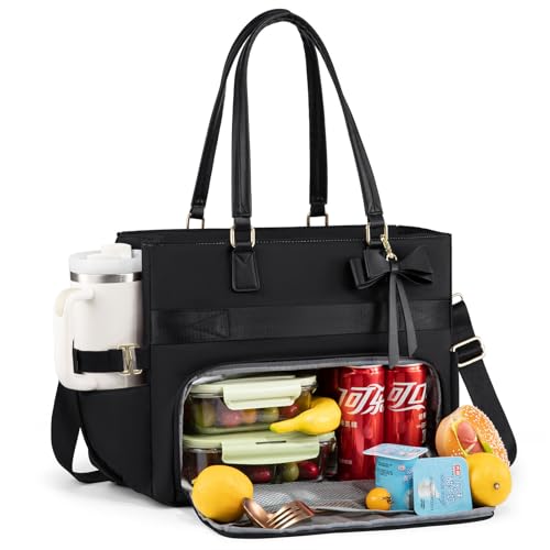 LOVEVOOK Lunch Bag, Tote Bag for Women with Insulated Lunch Compartment, Large Capacity Teacher Nurse Bag for Work with Large Cup Holder, Womens Crossbody Black Handbags fit 15.6 Inch Laptop, Gift - color: Black, size: 15.6 Inch With Lunch Compartment