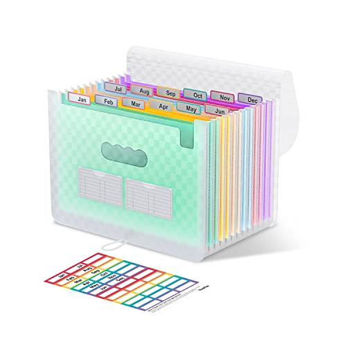 ThinkTex Accordion File Organizer, 12 - Pocket Expanding File Folders | for Receipts, Bills & Taxes Organizer, Letter/A4 Size Document Holder for School, Office, Home with Colorful tabs- Green - color: Green