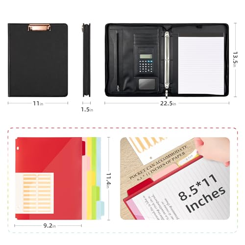 Ospelelf Zippered Padfolio Portfolio Folder, Leather Clipboard with Storage, 3 Ring Binder 1 Inch,12.1” Tablet Sleeve, 5 Dividers with Pocket, Refillable Notepad, Card Slot (Classic Black) - color: Black-1