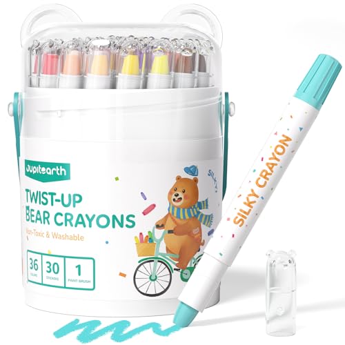 JUPITEARTH Silky Crayons for Toddlers 1-3, 36 Colors Twist Crayons, Non-Toxic, Washable, Easy-Grip Toddler Crayon Set for Ages 4-8, Easter Toddler Coloring Gift for Boys & Girls, Bear-Design
