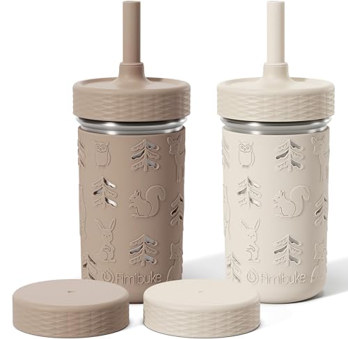Fimibuke Toddler Cups Spill Proof, 12 OZ Sippy Cups for Kid Girl Boy, Stainless Steel Tumbler with Lid, Removable Silicone Straw & Sleeve, BPA Free Dishwasher Safe Water Bottle Snack Container 2 Pack - color: Khaki/Beige, size: 12 Ounces