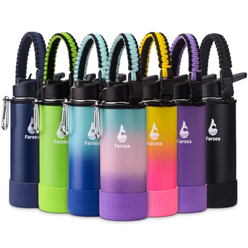 Farsea Insulated Water Bottle With Paracord Handle, Protective Boot and 2 Lids (Straw Lid & Spout Lid), Stainless Steel Water Bottle Wide Mouth, Double Wall Sweat-Proof BPA-Free, 18 oz - color: Hydrangea, size: 18 Ounces