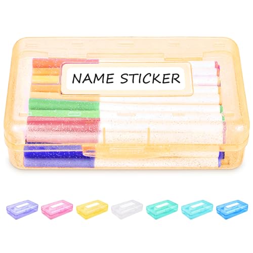 Sooez Pencil Box with Personalized Sticker,Large Hard Pencil Case Organizer | Clear Plastic Crayon Box for Girls and Boys, Colored Marker Organizer, Small Plastic Containers/Bins with Lids, Art Supply - color: Orange Glitter