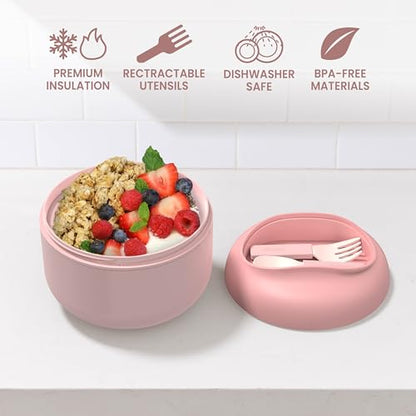 Bentgo Bowl - Insulated Leak-Resistant Bowl with Snack Compartment, Collapsible Utensils and Improved Easy-Grip Design for On-the-Go - Holds Soup, Rice, Cereal & More - BPA-Free, 21.2 oz (Blush) - color: Blush