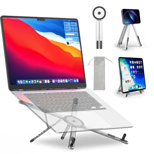 Portable Laptop Stand for Desk, MagSafe Compatible Adjustable Foldable Computer Riser for MacBook, iPhone, iPad, Tablet - Lightweight Aluminum, N52 Magnetic Grip, Perfect for Office, Home, Traveling - color: silver