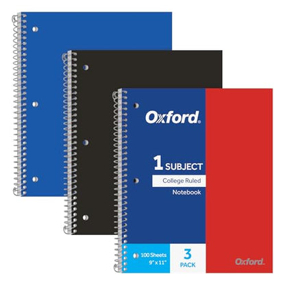 Oxford Spiral Notebooks, 1 Subject, College Ruled Paper, Durable Plastic Cover, 100 Sheets, Durable Divider Pocket, 3-Hole Punch, 3 Pack, Red, Black and Blue (10390)
