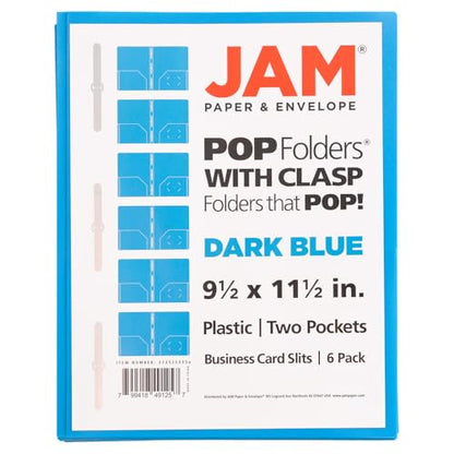 JAM PAPER Plastic Color POP Folders - 2 Pocket Durable Folders with Metal Prongs Fastener Clasps - Blue - 6/Pack - color: Light Blue, size: 6 Per Pack