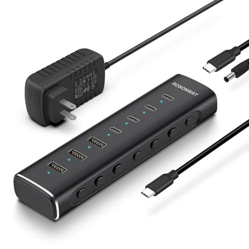 Rosonway 7 Ports Powered USB 3.2/USB C Hub 10Gbps with 4 USB-C 3.2, 3 USB-A 3.2 Ports, 3.3ft Cable and 36W(12V/3A) Power Adapter, Aluminum USB Splitter for Laptop, RSH-H7C4 - size: 7-Port Powered USB Hub