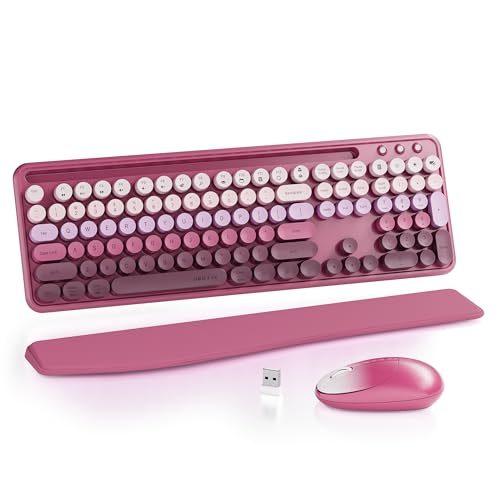 UBOTIE Ergonomic Wireless Keyboard and Mouse Combo with Phone Holder Wrist Rest, Round Colorful Keys, Power Switches, 2.4GHz USB Receiver, Full-Size QWERTY Layout for PC Laptop (Rose-Red Gradient) - color: Rose-Red Gradient