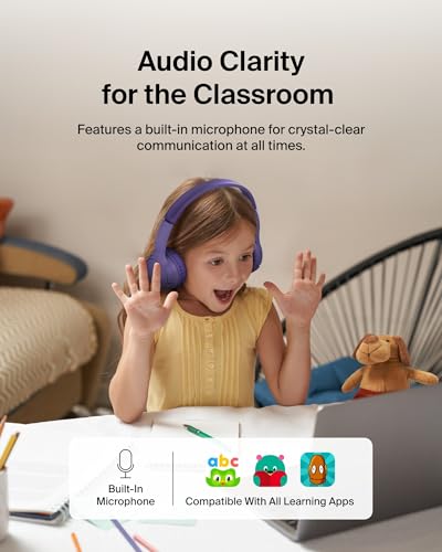 Belkin SoundForm Mini - Wireless Bluetooth Kids Headphones, 30H Battery, 85dB Safe Volume Limit, Built-In Microphone - Toddler On-Ear Earphones for iPhone, iPad, Fire Tablet, Ideal for School - Purple - color: Purple, style: Wireless (USB-C)