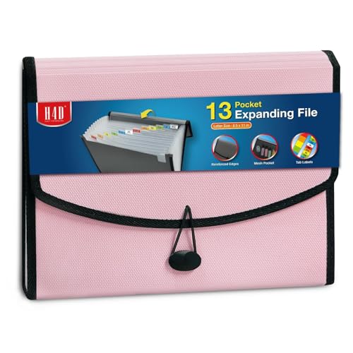 H4D 13-Pocket Accordion File Organizer, Expanding File Folder, Light Pink | Extra Back Mesh Pocket, Letter Size Paper, Pre-Printed and Customizable Labels, Expandable Document Organizer - color: Light Pink