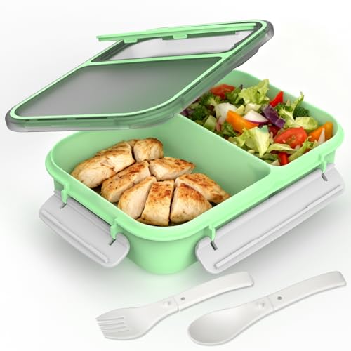 WHALEHOUSE Large Capacity Bento Lunch Box for Adult, 1600ML 2 Compartments Meal Prep Container with Utensil, Airtight Food Storage Container with Snap Locking Lids, Microwave/Dishwasher/Freezer Safe - color: 1600mL-Green