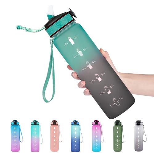 EYQ 32 oz Water Bottle with Time Marker, Carry Strap, Leak-Proof Tritan BPA-Free, Ensure You Drink Enough Water for Fitness, Gym, Camping, Outdoor Sports - color: 11-Hunter Green/Black Gradient