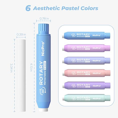 Nicpro 6 Pack Rotary Retractable Erasers, Soft TPE Rubber Twist Eraser | Large Pencil Erasers in Cute Macaron Colors, Clean-Erasing Eraser for Kids & Students, School Office Supplies Stationary Set - color: Macaron